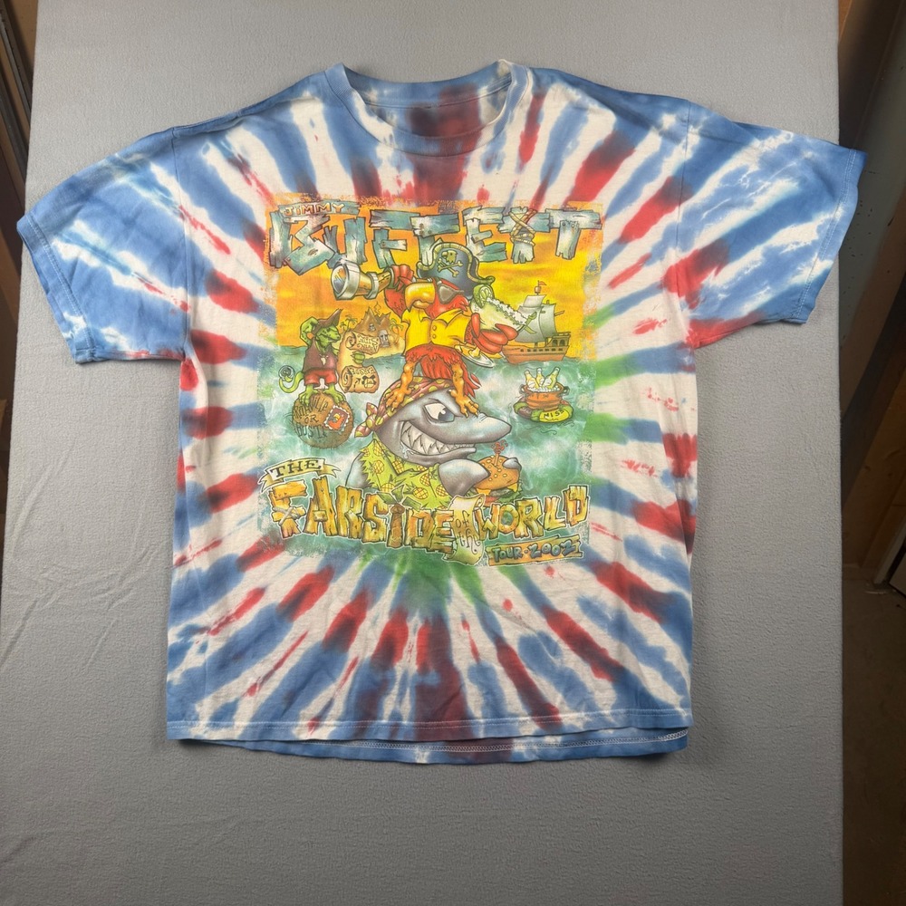 Jimmy Buffett Far Side of the World Tour 2002 Tie Dye Shirt Mens XL Shark Parrot